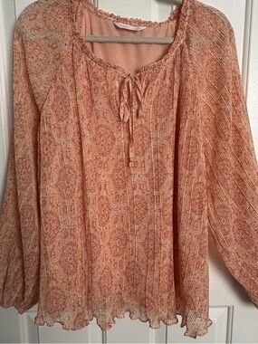 LC Lauren Conrad Peach Tie-Neck Pleated Boho Blouse